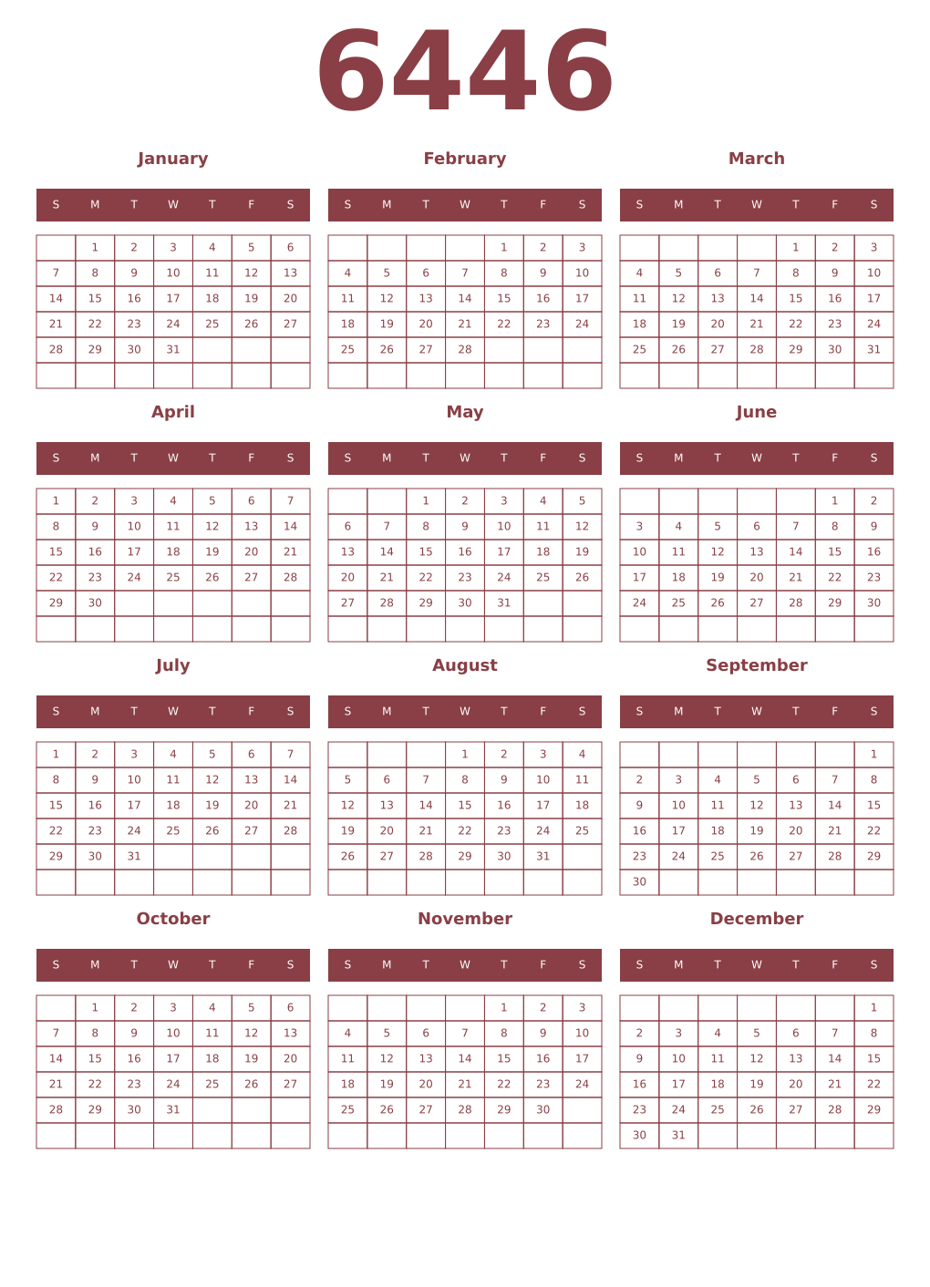Printable 6446 Year Calendars cordovan