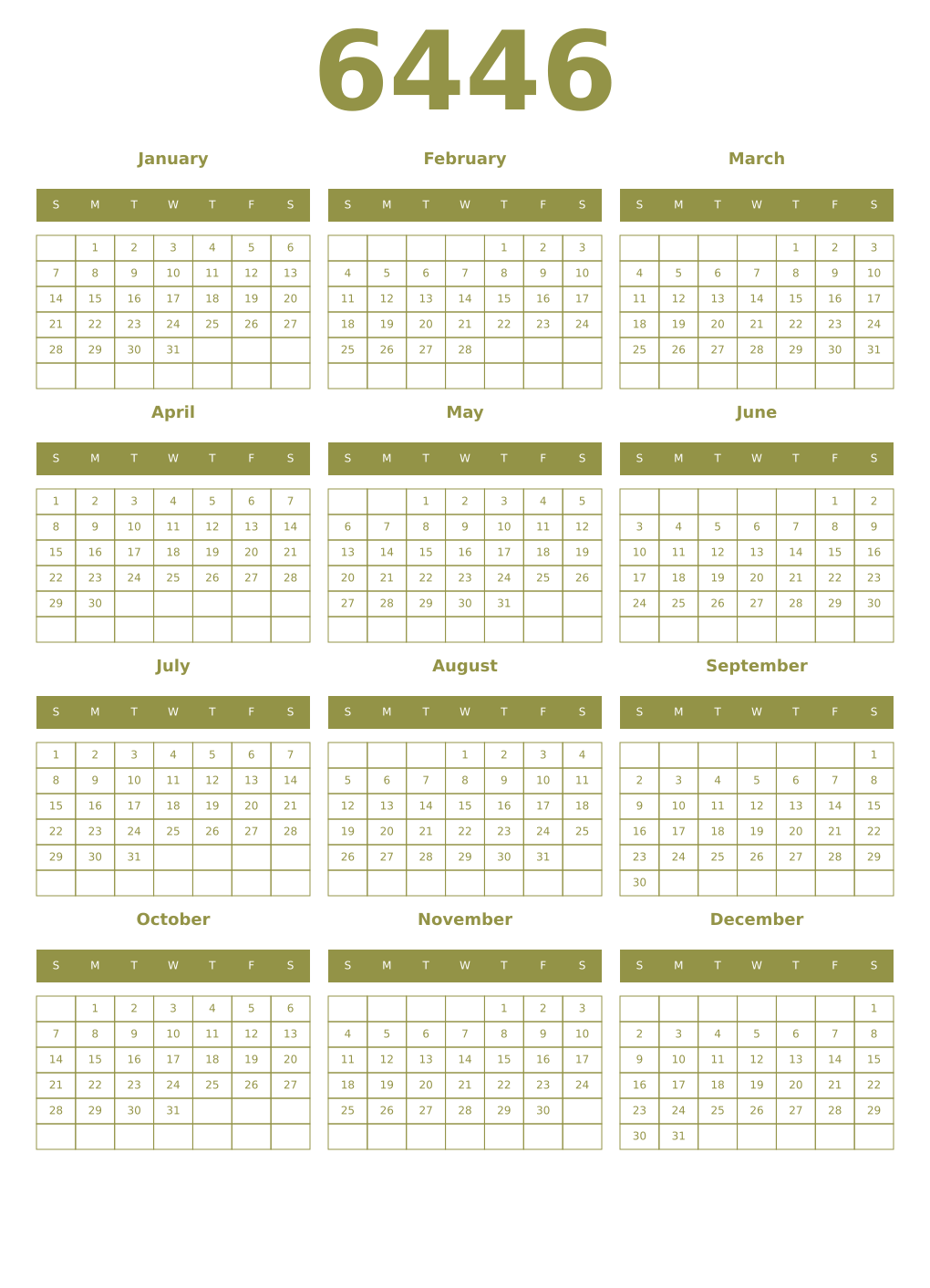 Printable 6446 Year Calendars eburnean