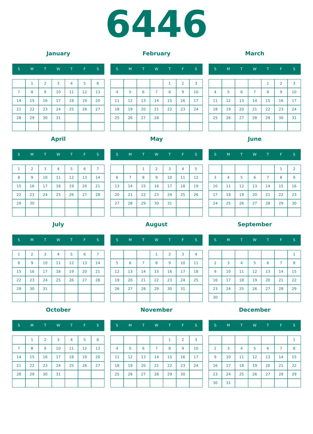 Printable 6446 Year Calendars pastel