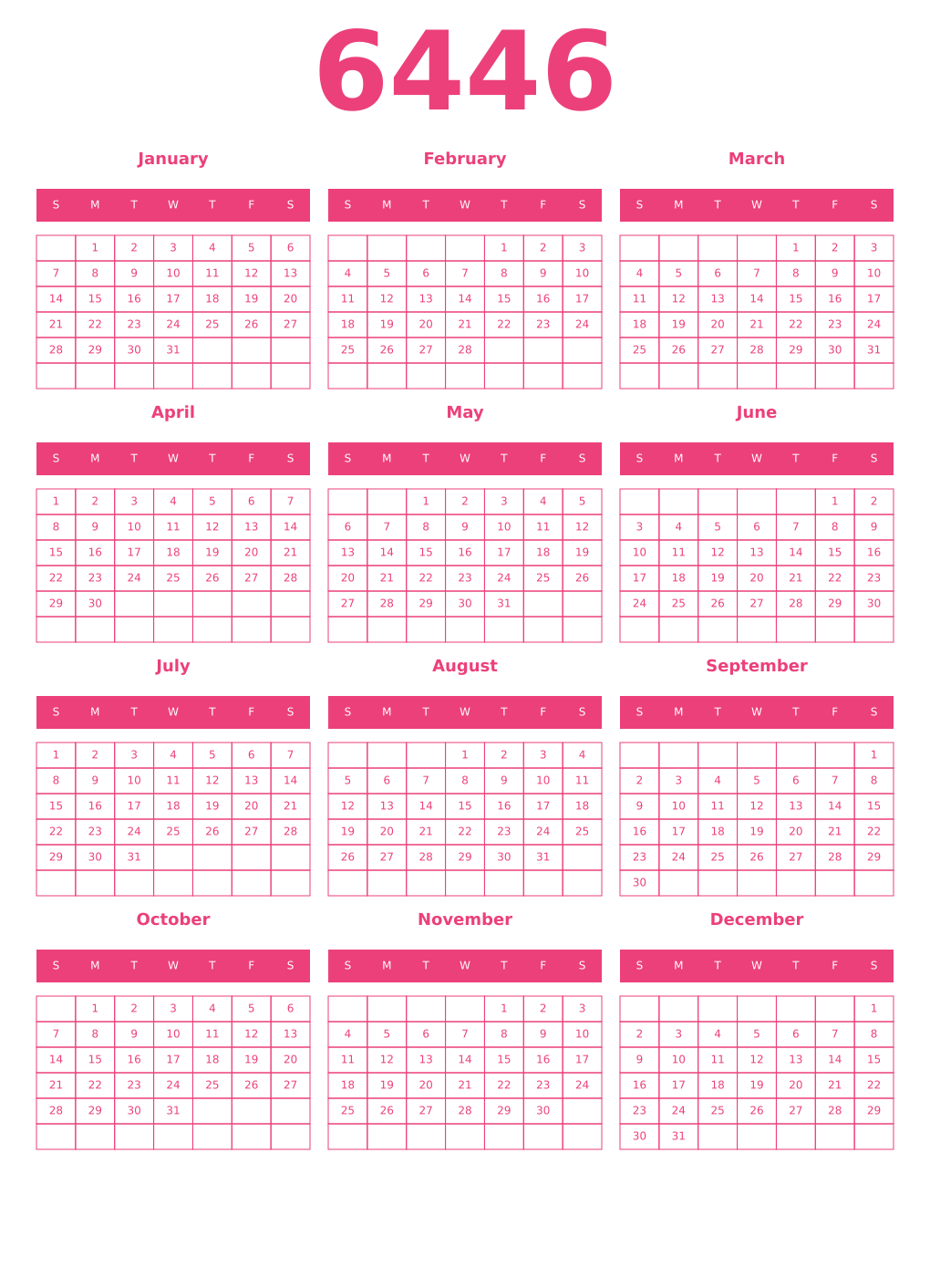 Printable 6446 Year Calendars pink
