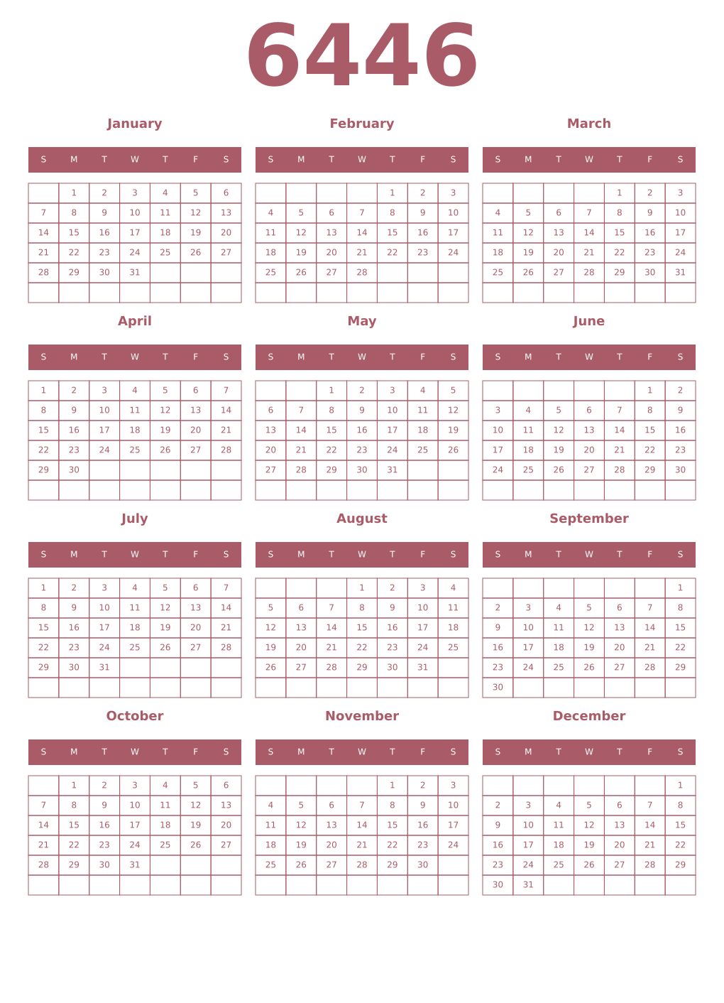 Printable 6446 Year Calendars puce