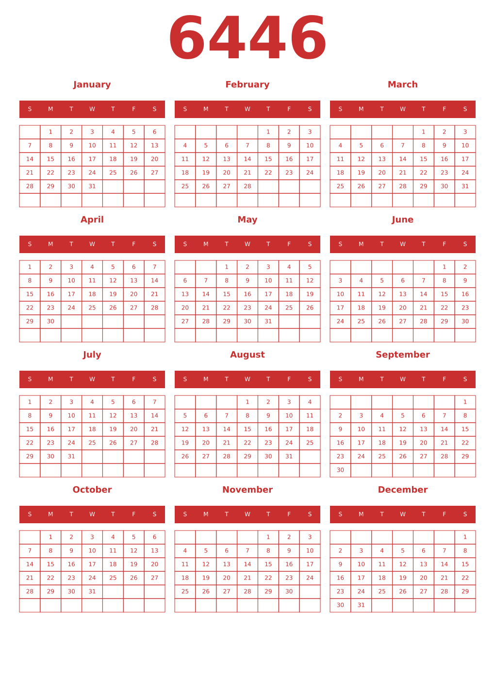 Printable 6446 Year Calendars red