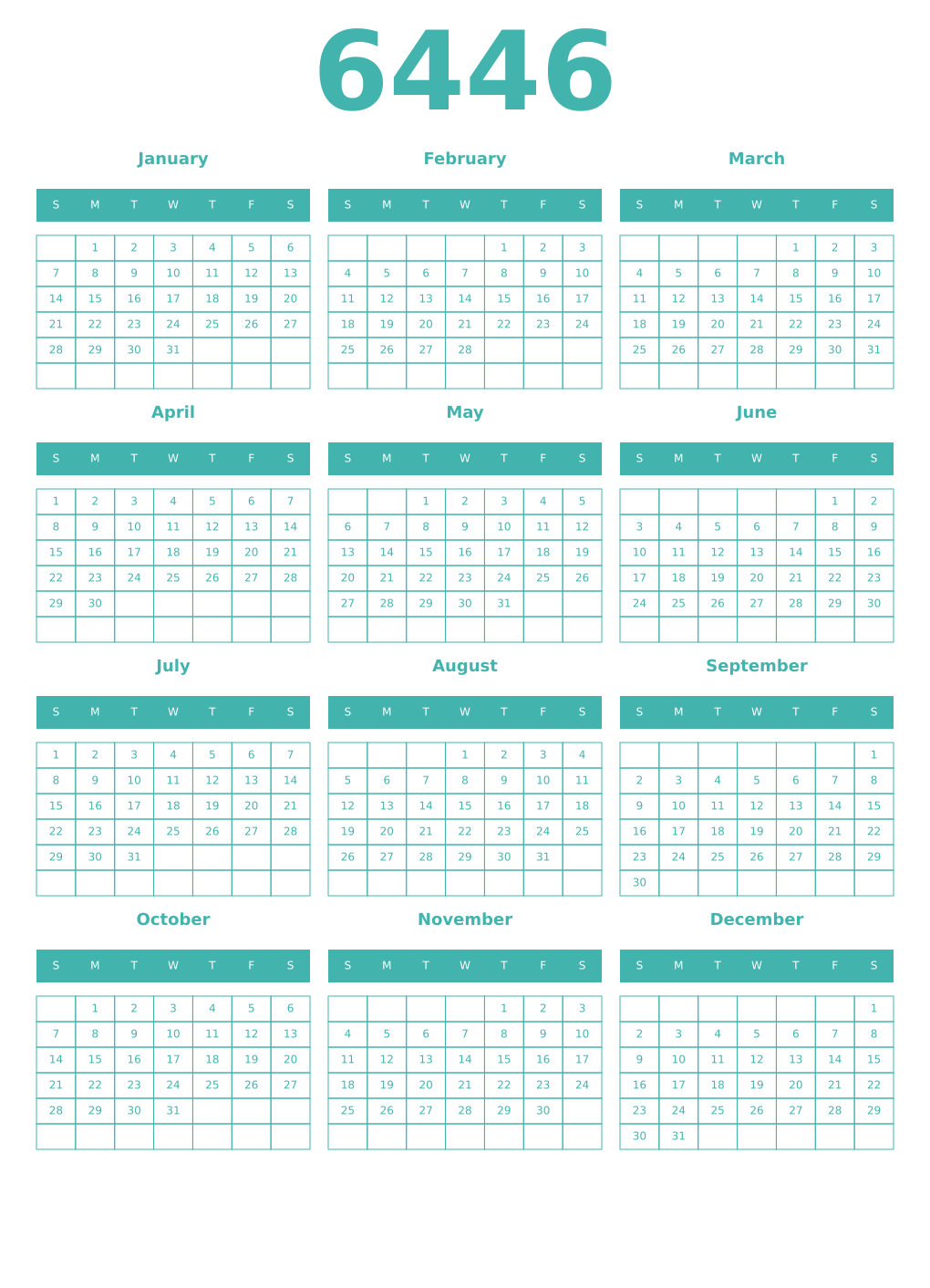 Printable 6446 Year Calendars verdigris