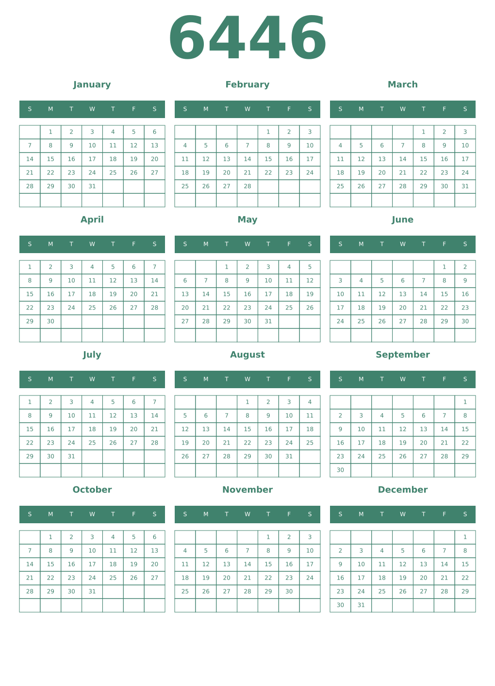 Printable 6446 Year Calendars viridian