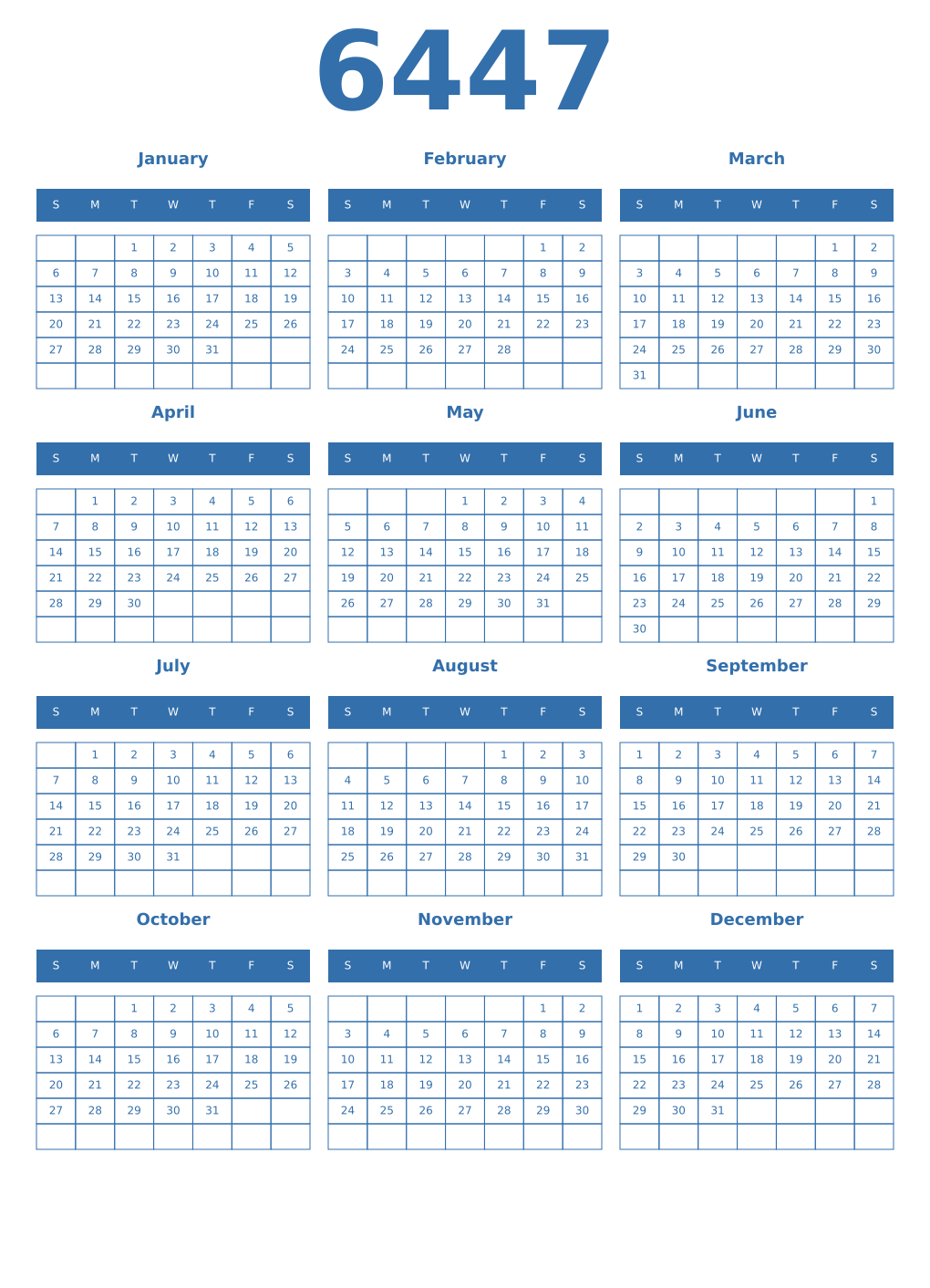 Printable 6447 Year Calendars blue