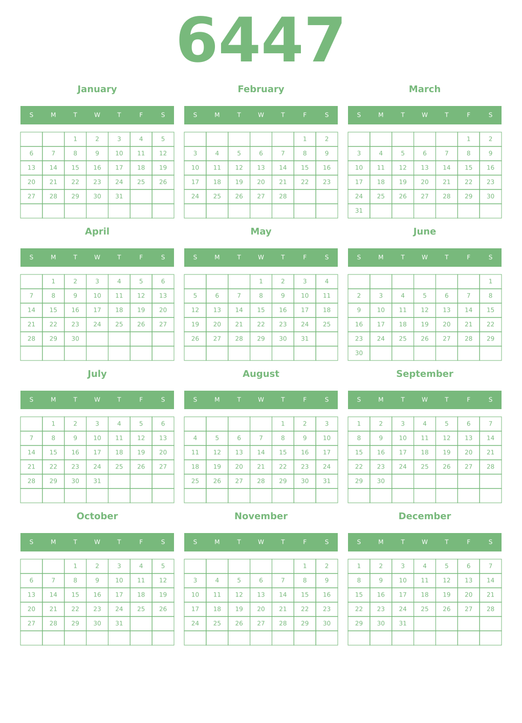 Printable 6447 Year Calendars celadon