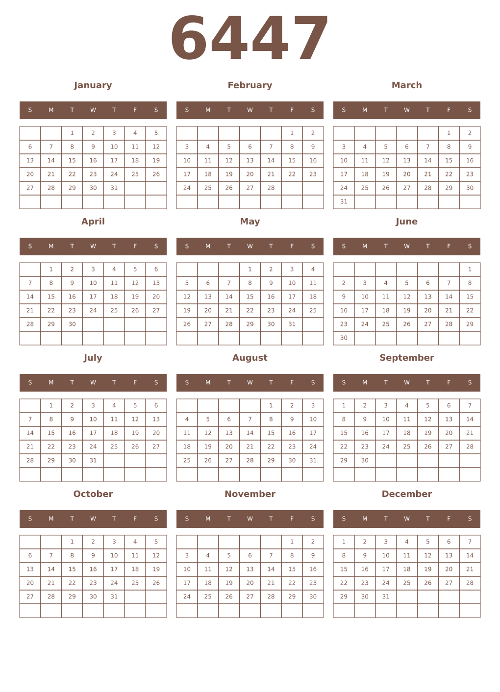 Printable 6447 Year Calendars coffe