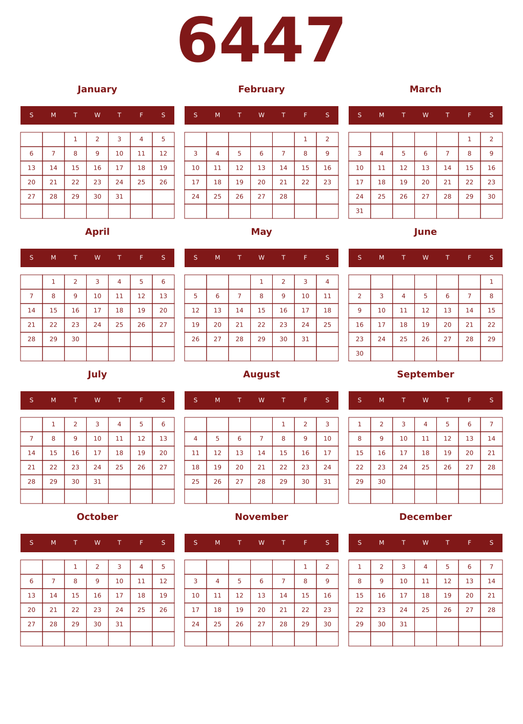 Printable 6447 Year Calendars falu