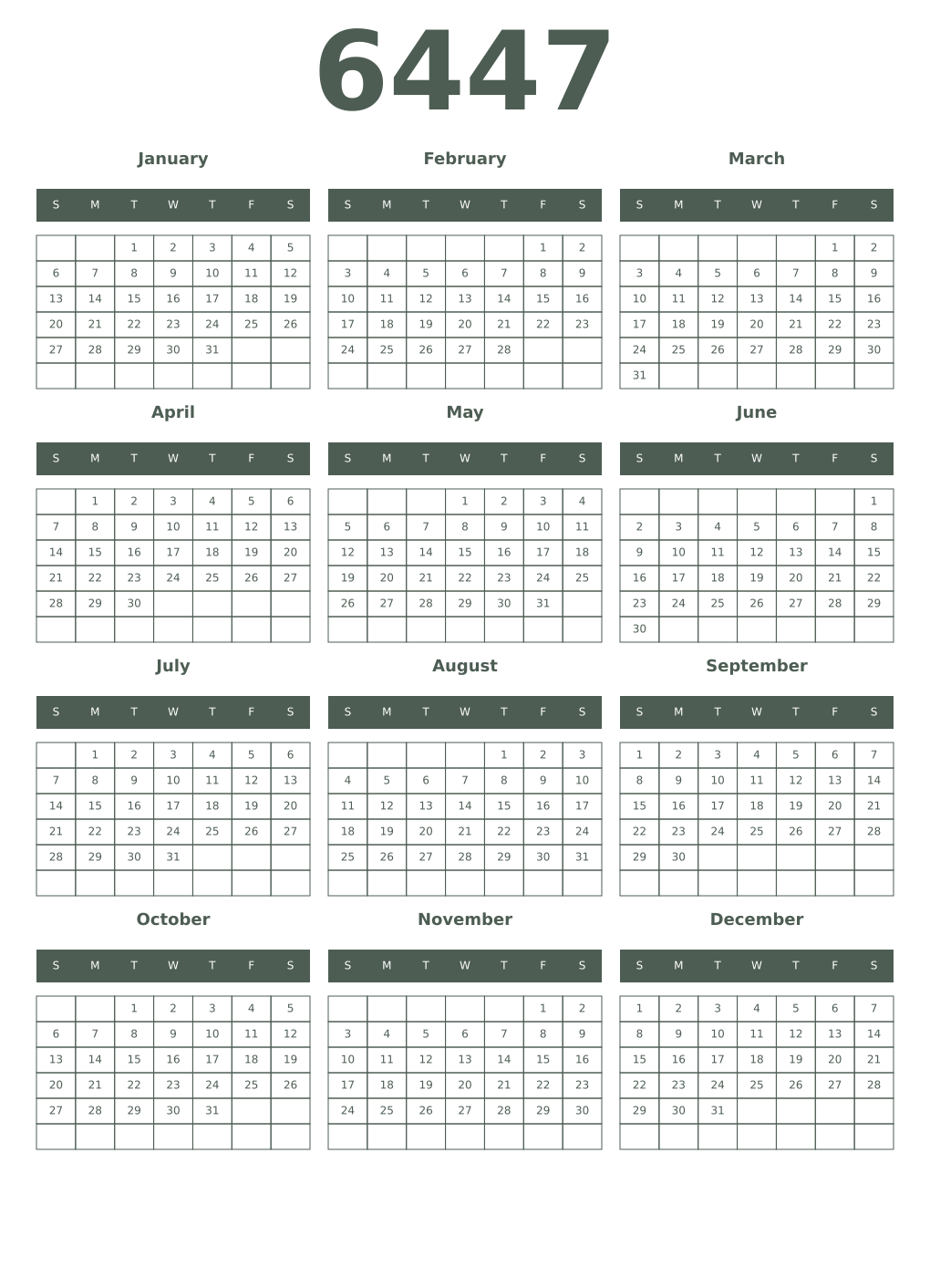 Printable 6447 Year Calendars feldgrau