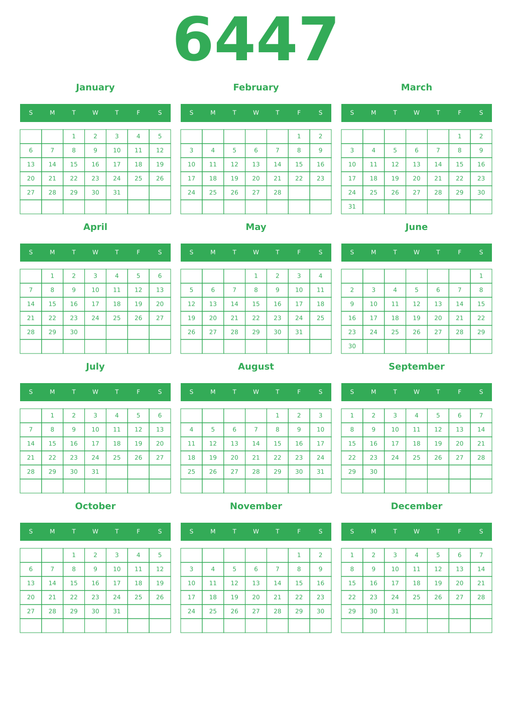 Printable 6447 Year Calendars green