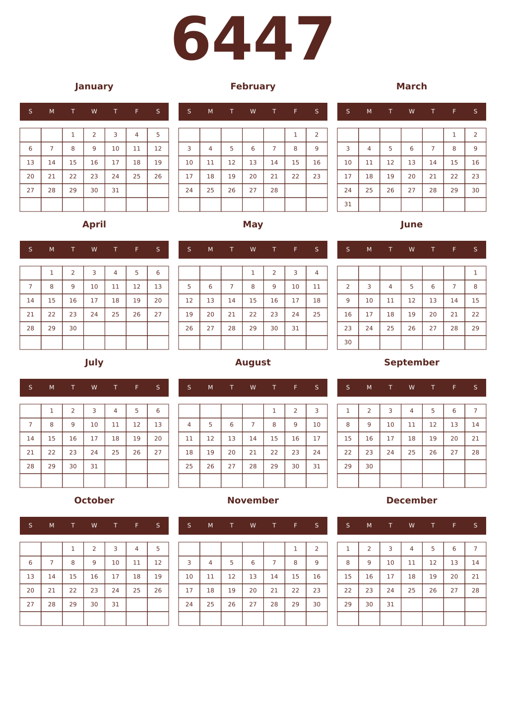 Printable 6447 Year Calendars mortuum