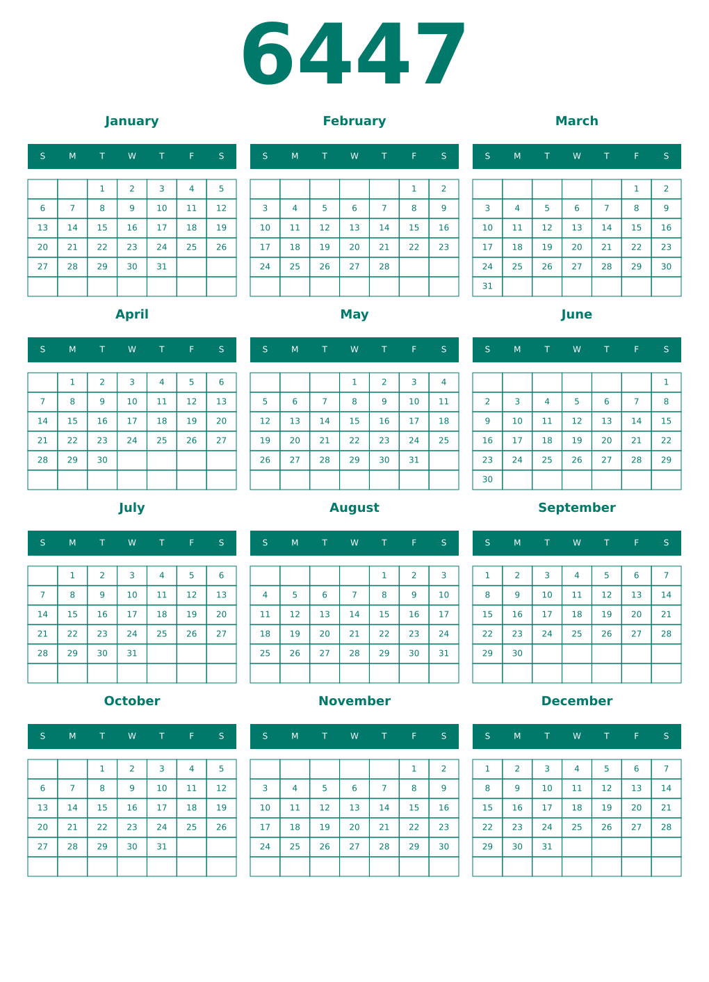 Printable 6447 Year Calendars pastel