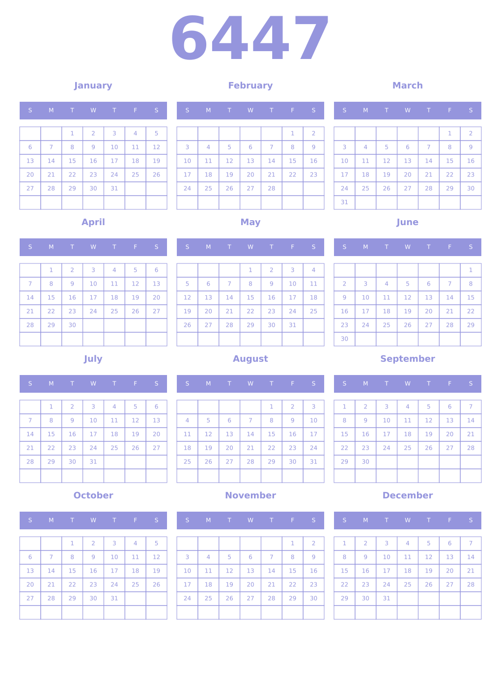 Printable 6447 Year Calendars periwinkle