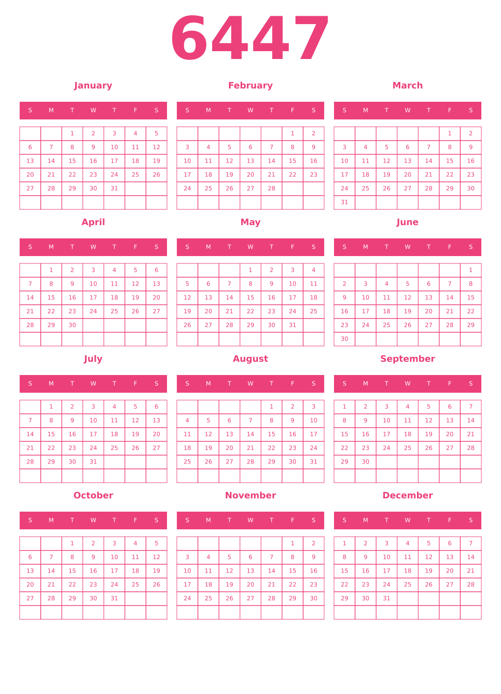 Printable 6447 Year Calendars pink