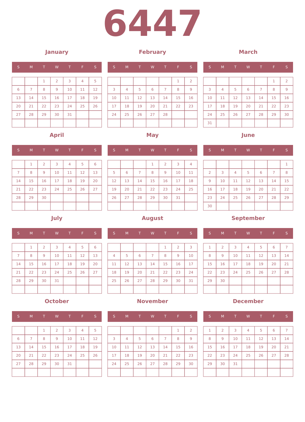Printable 6447 Year Calendars puce