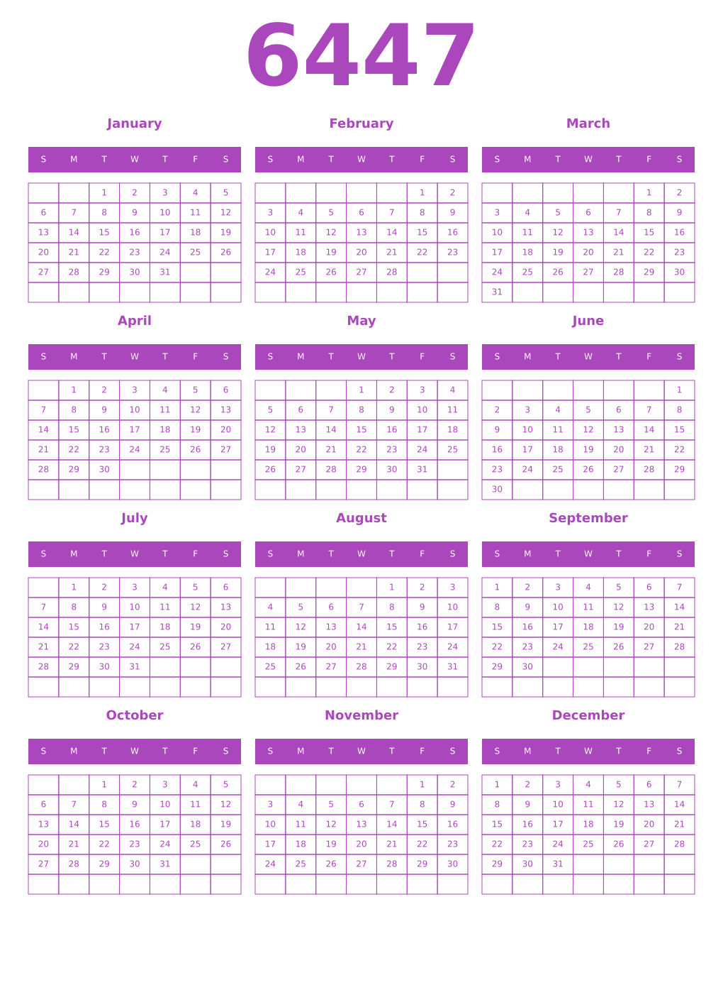 Printable 6447 Year Calendars purple