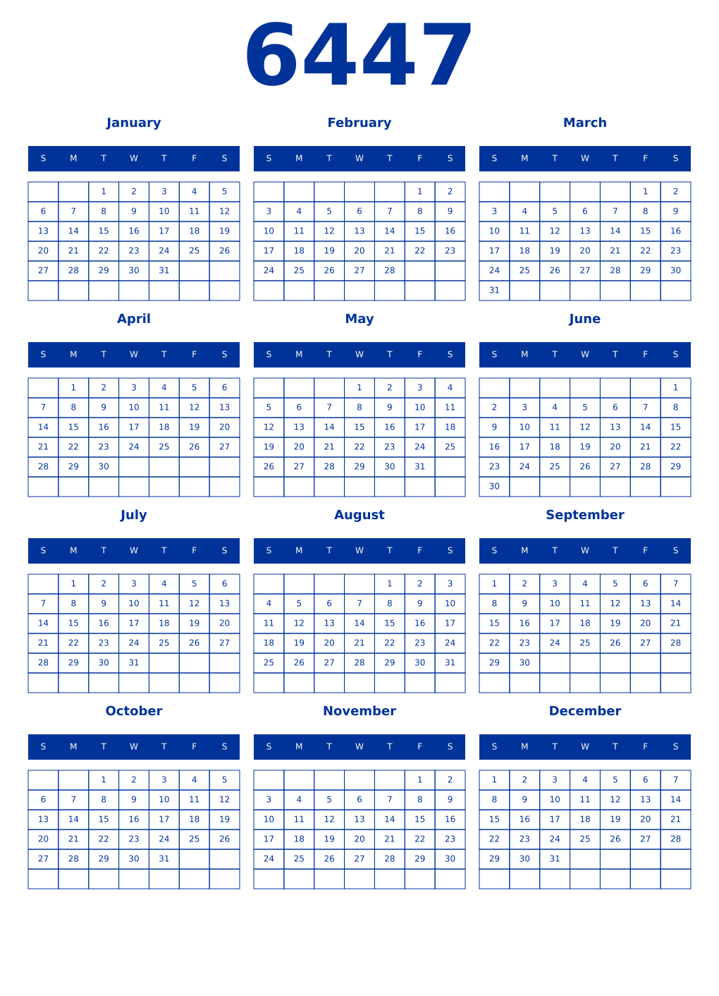 Printable 6447 Year Calendars smalt