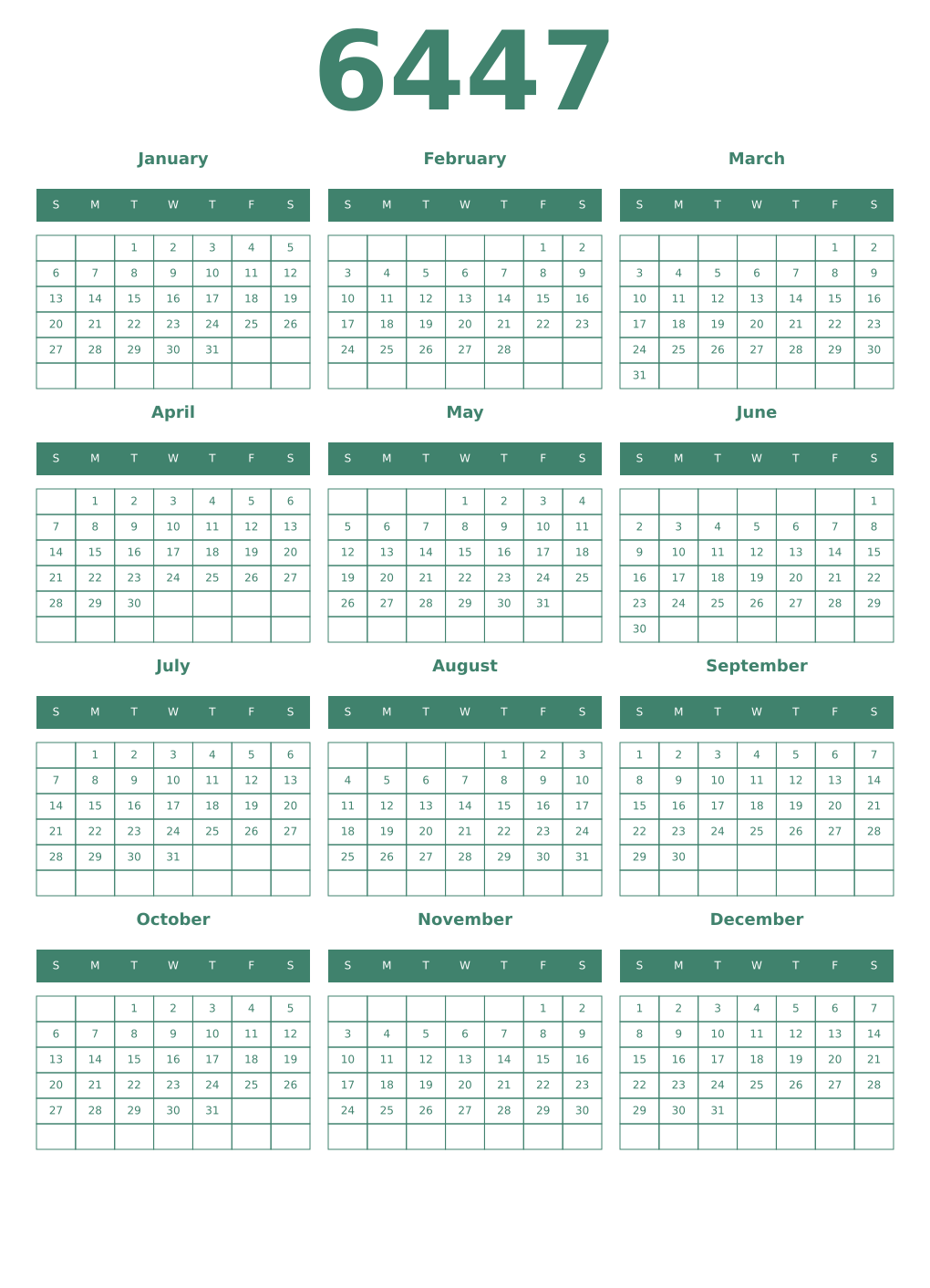 Printable 6447 Year Calendars viridian