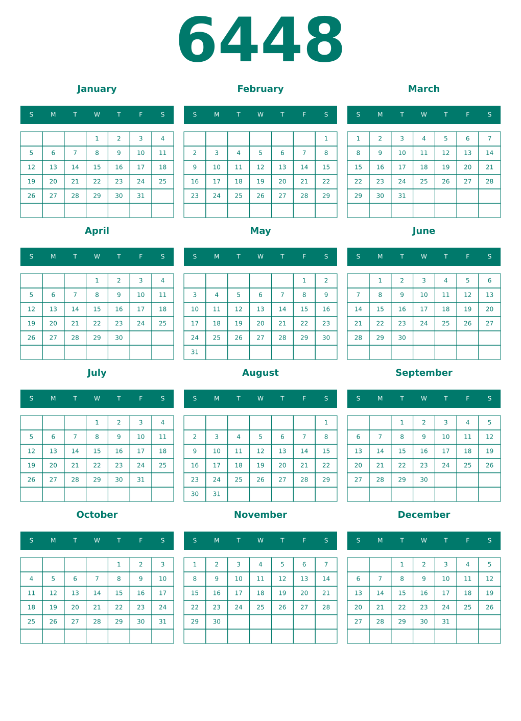 Printable 6448 Year Calendars pastel
