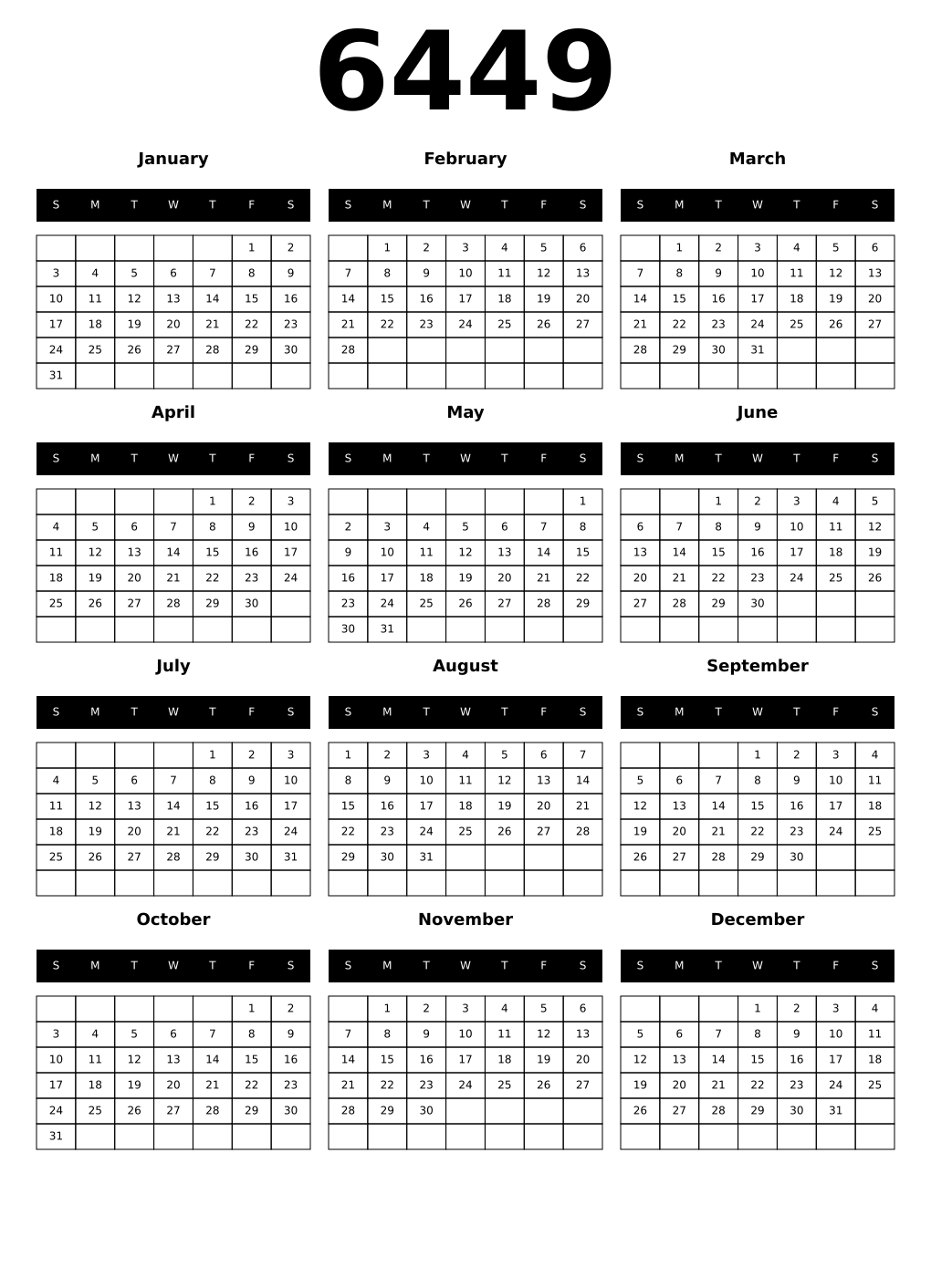 Printable 6449 Year Calendars black