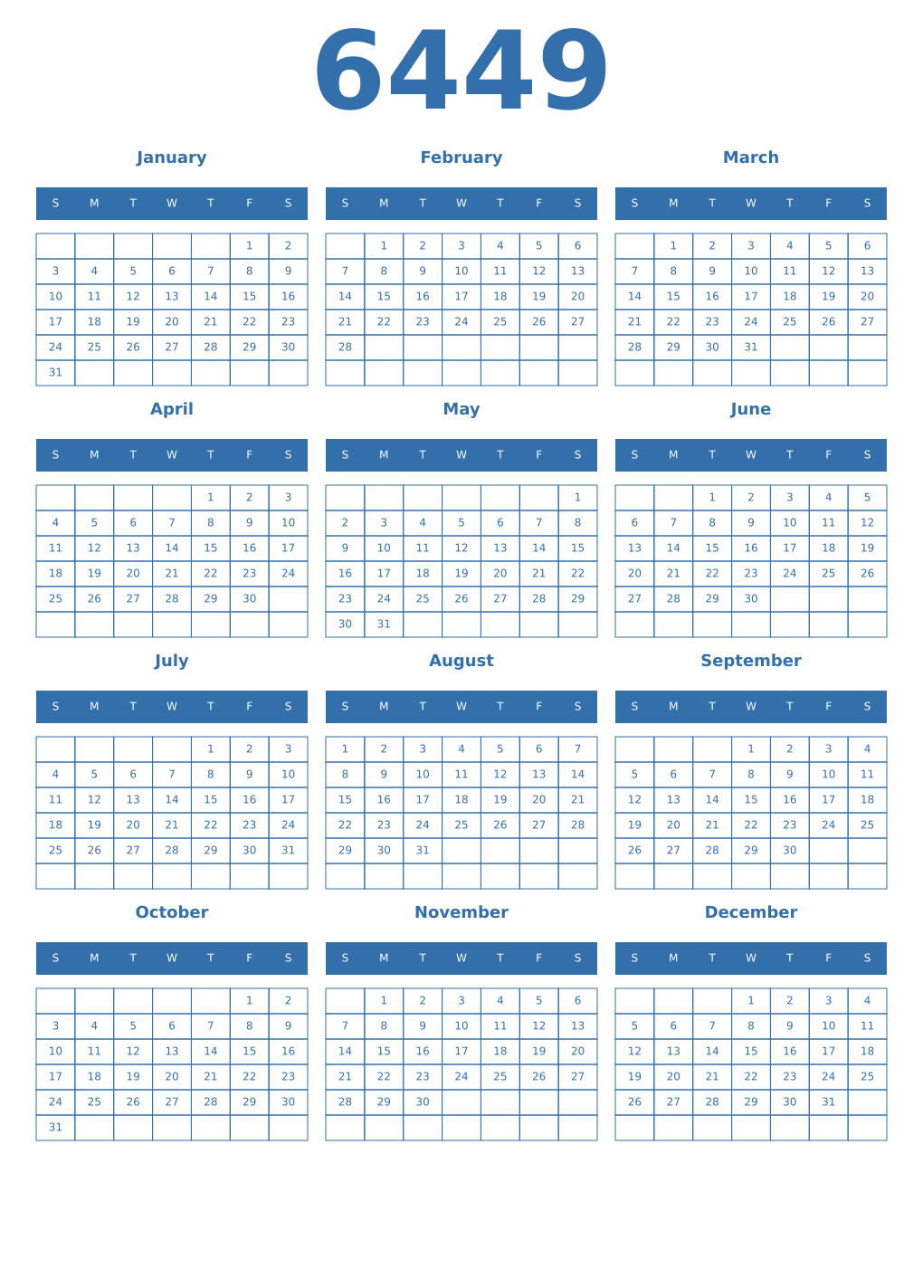 Printable 6449 Year Calendars blue