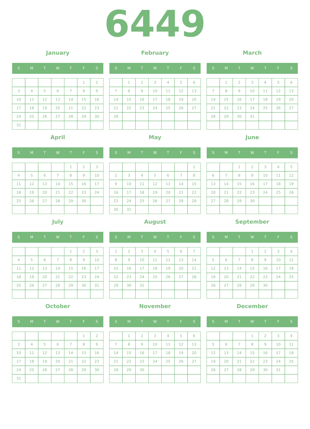 Printable 6449 Year Calendars celadon