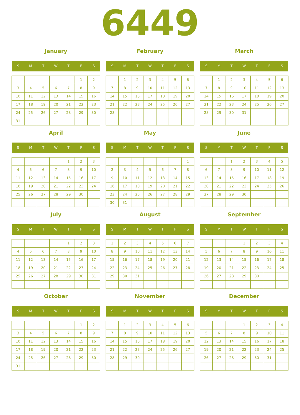 Printable 6449 Year Calendars chartreuse