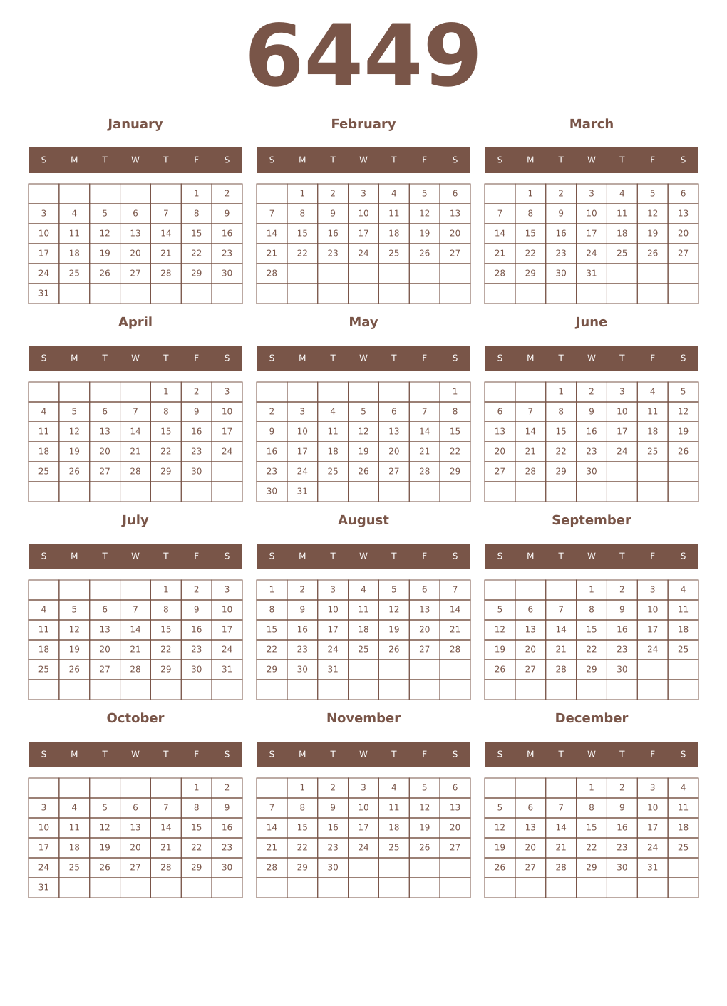 Printable 6449 Year Calendars coffe