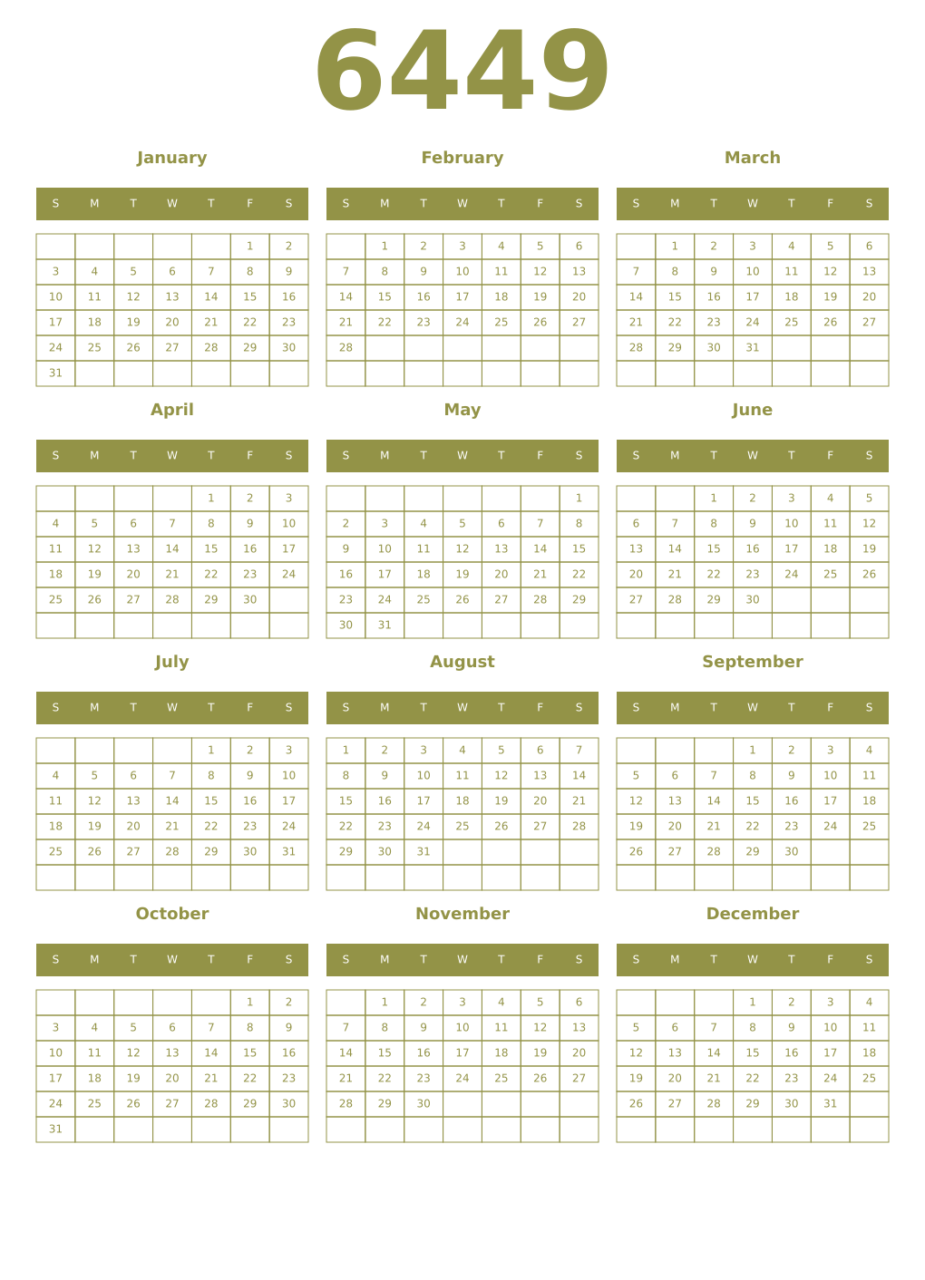 Printable 6449 Year Calendars eburnean