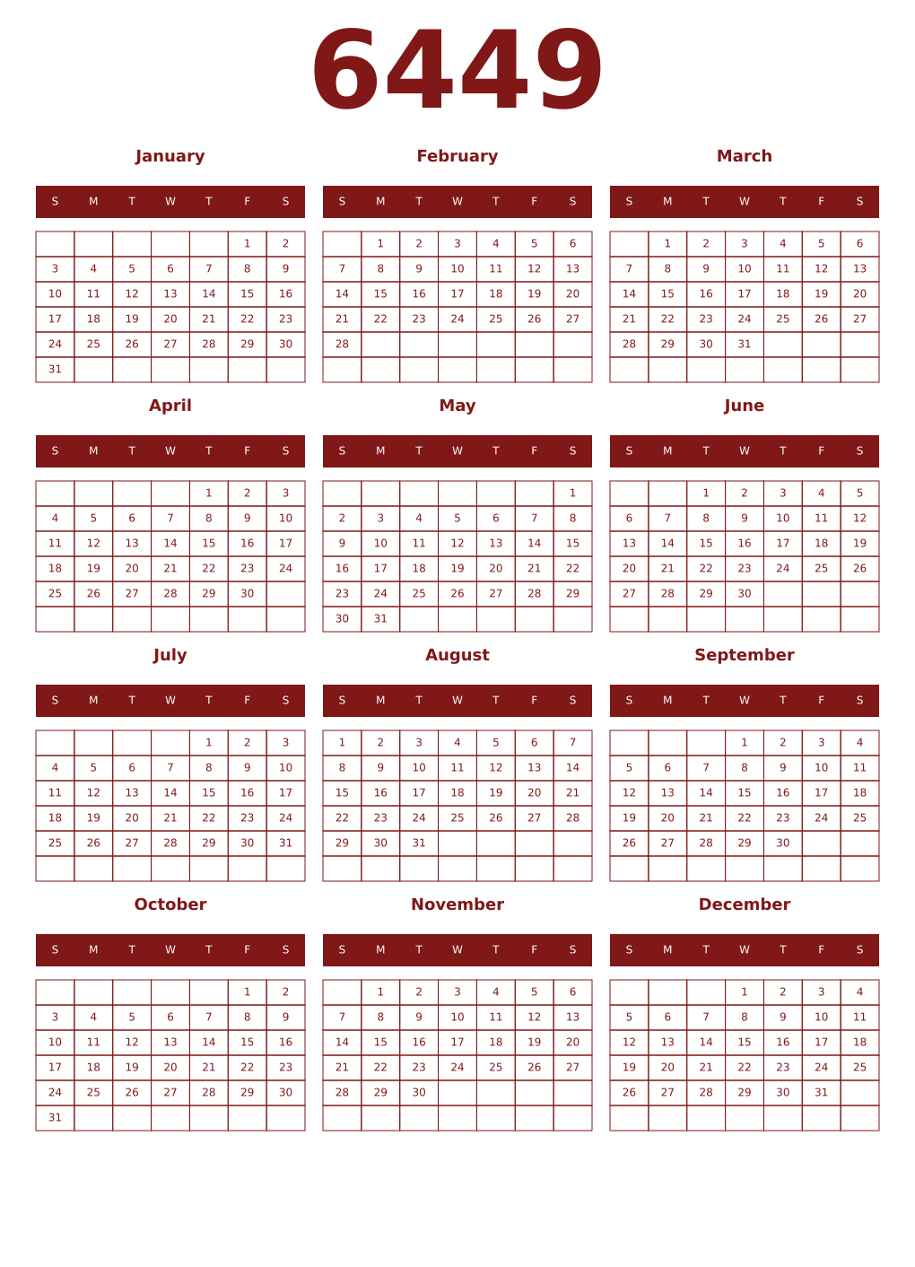 Printable 6449 Year Calendars falu
