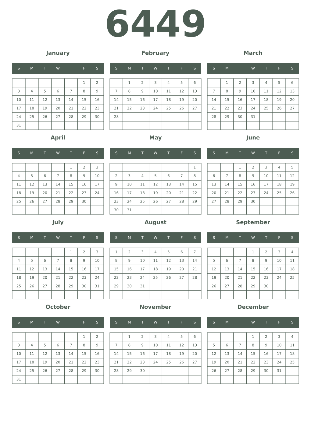 Printable 6449 Year Calendars feldgrau