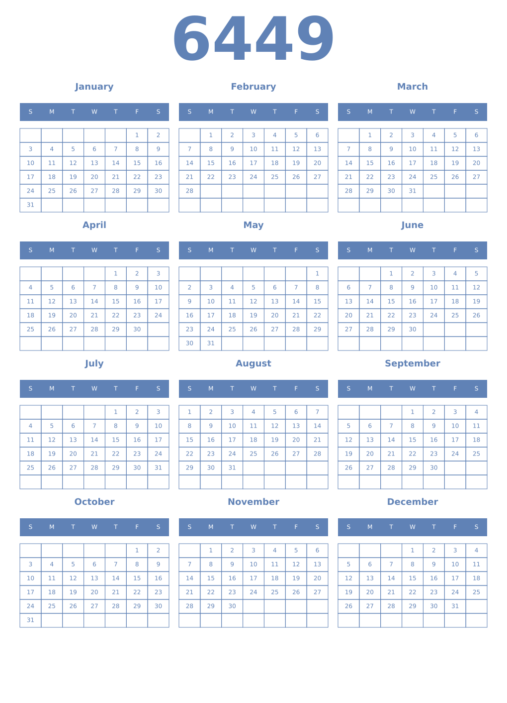 Printable 6449 Year Calendars glaucous