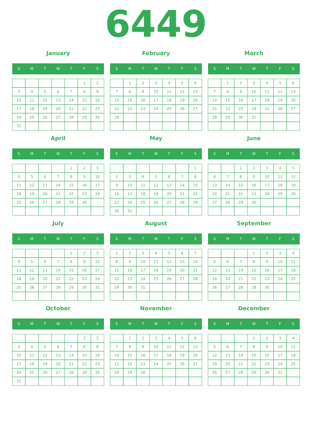 Printable 6449 Year Calendars green