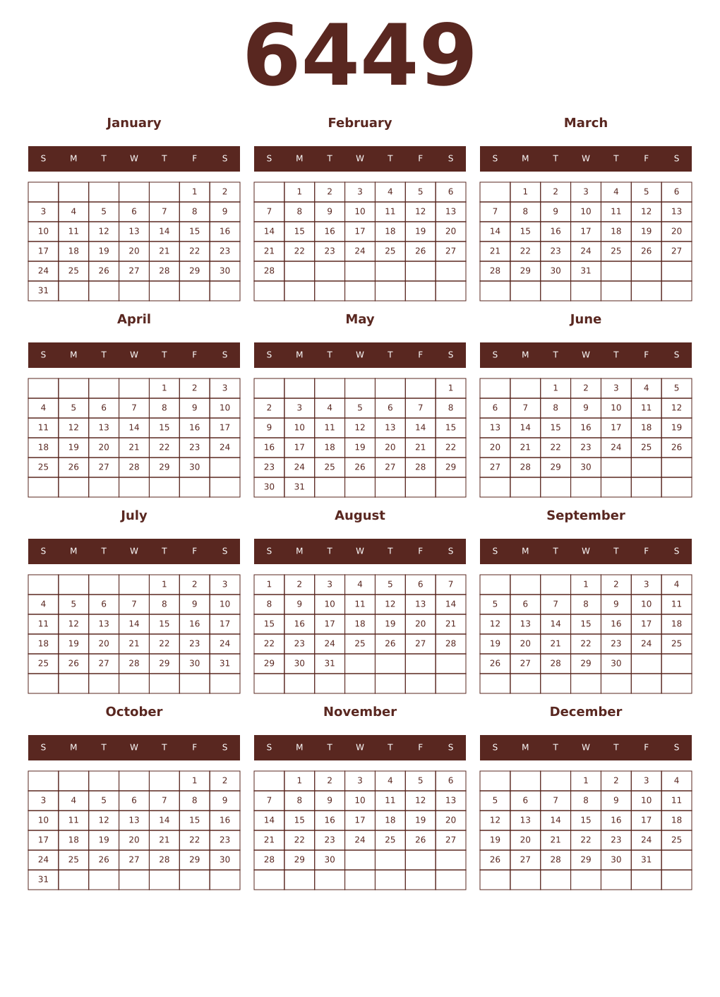 Printable 6449 Year Calendars mortuum