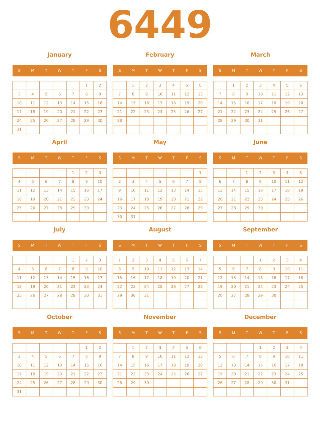 Printable 6449 Year Calendars orange
