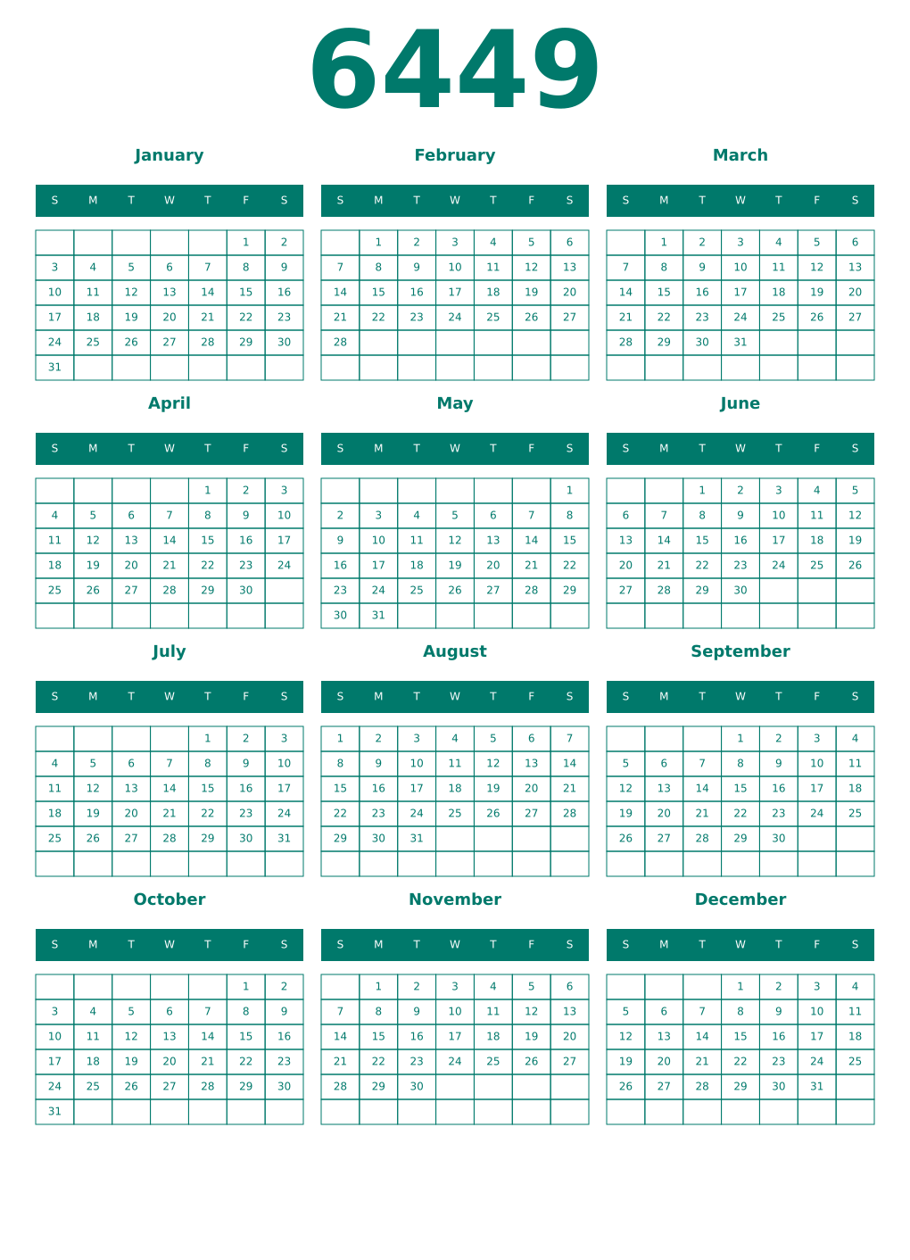 Printable 6449 Year Calendars pastel