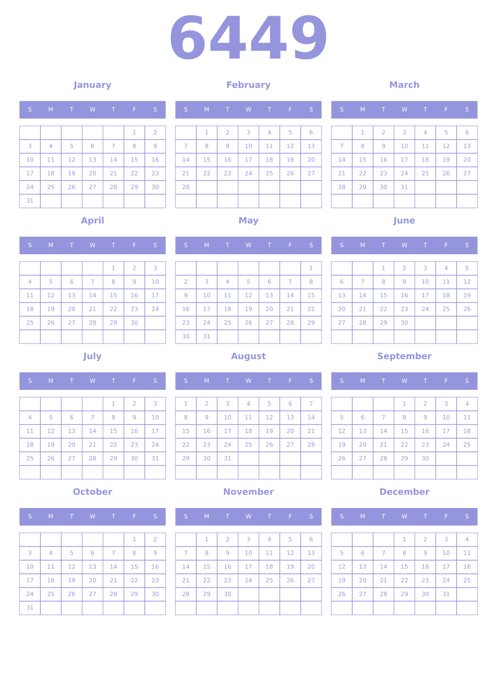 Printable 6449 Year Calendars periwinkle