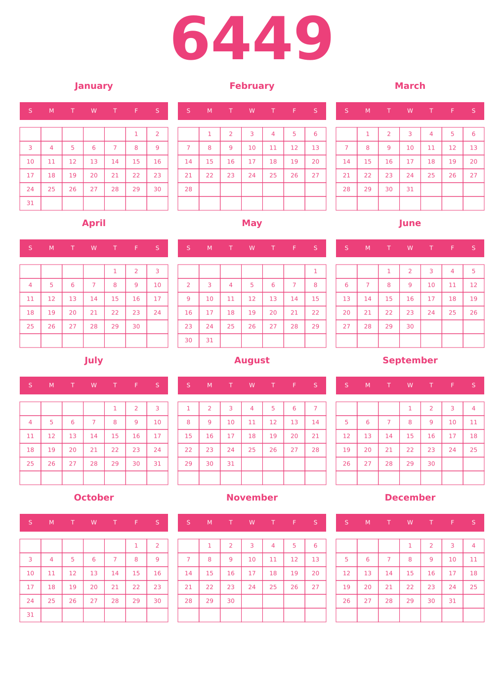 Printable 6449 Year Calendars pink