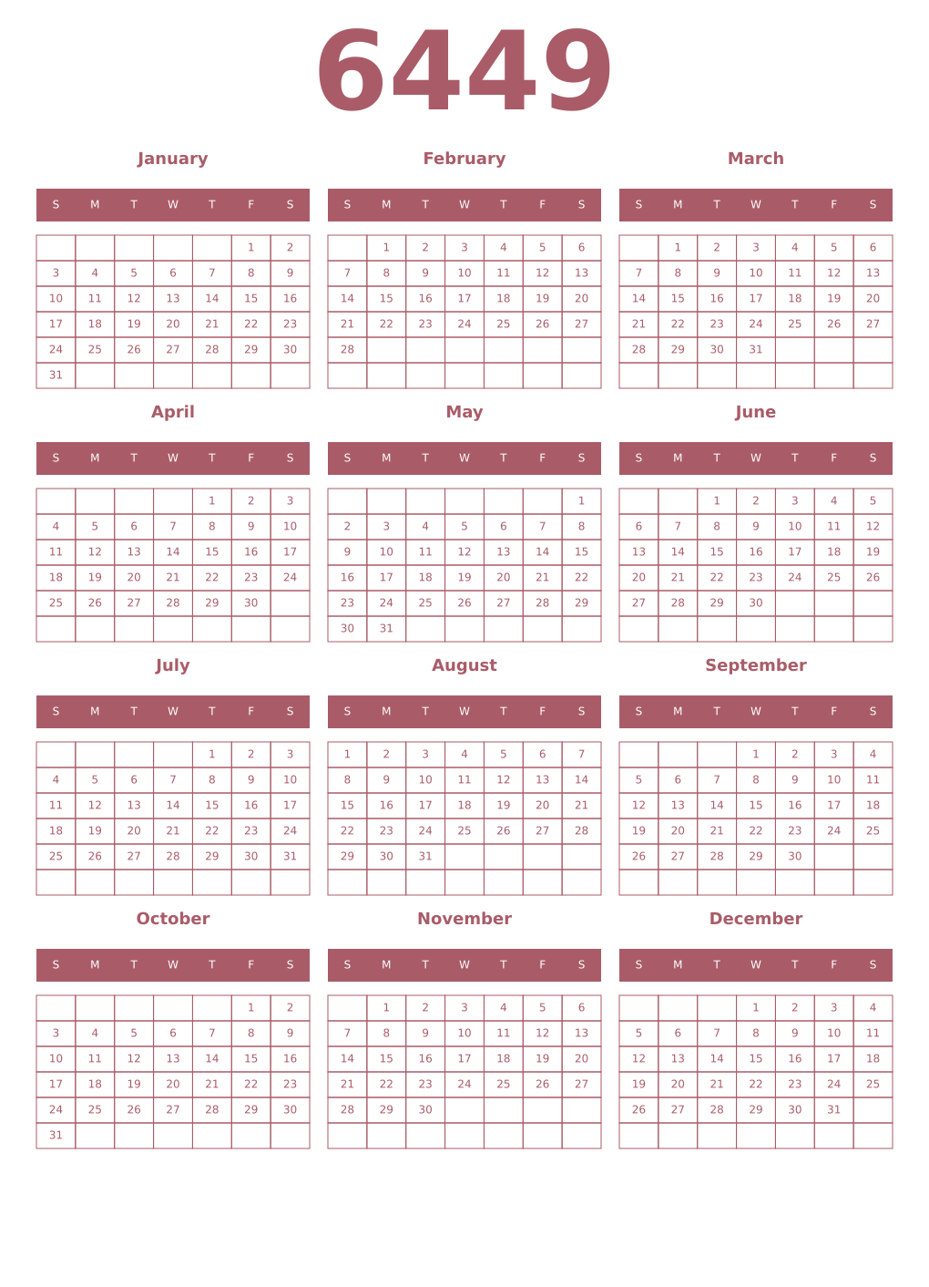 Printable 6449 Year Calendars puce