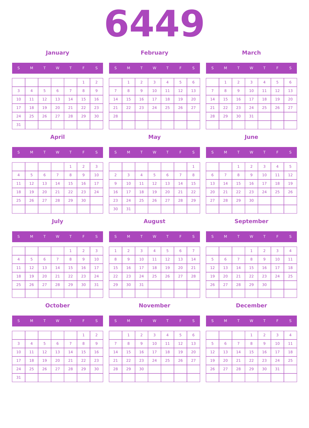 Printable 6449 Year Calendars purple