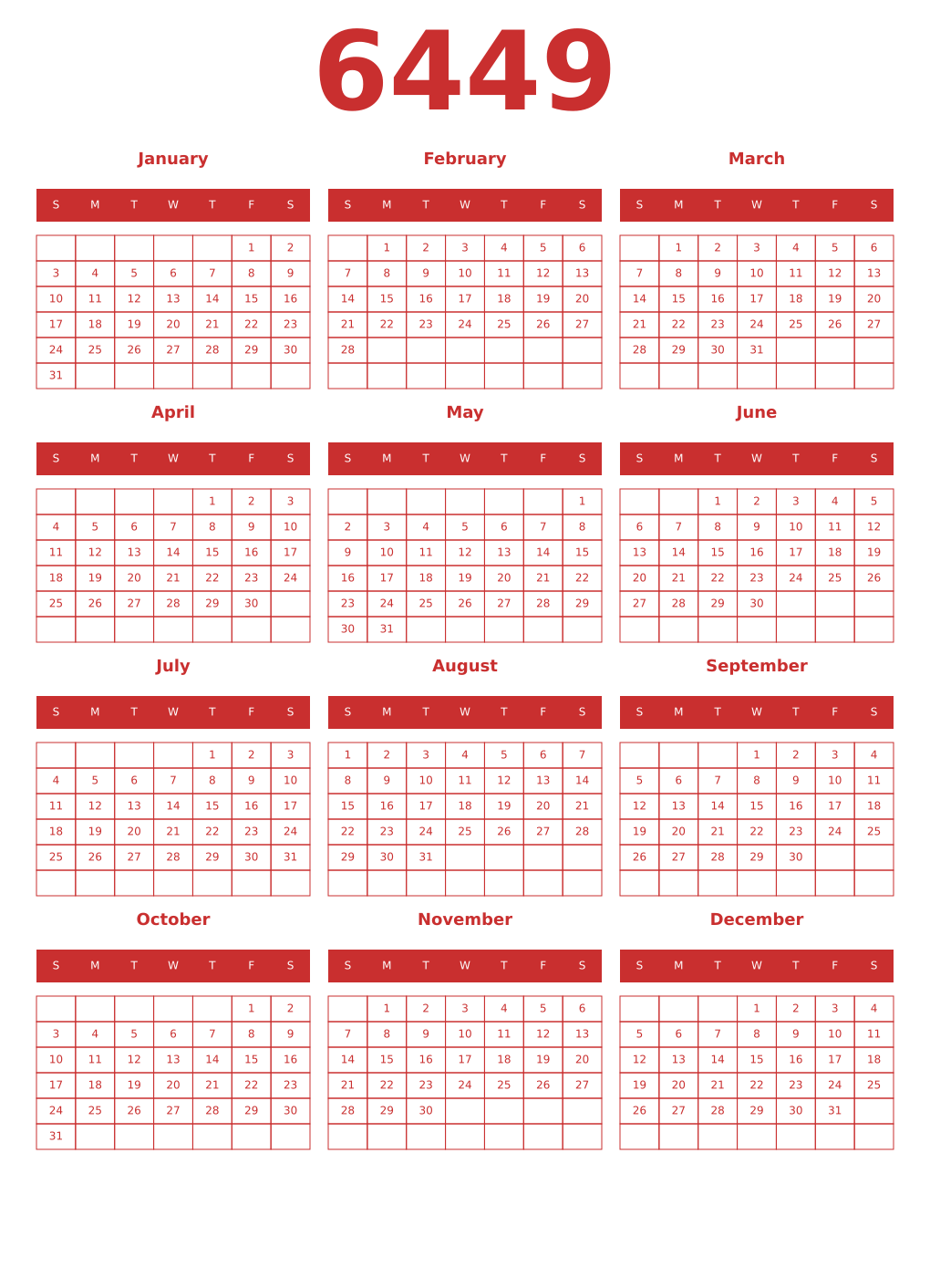 Printable 6449 Year Calendars red