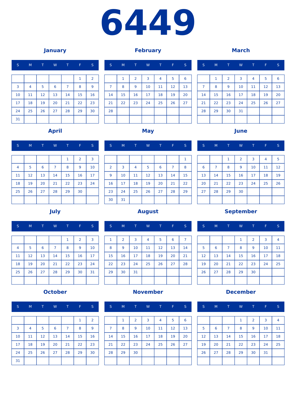 Printable 6449 Year Calendars smalt