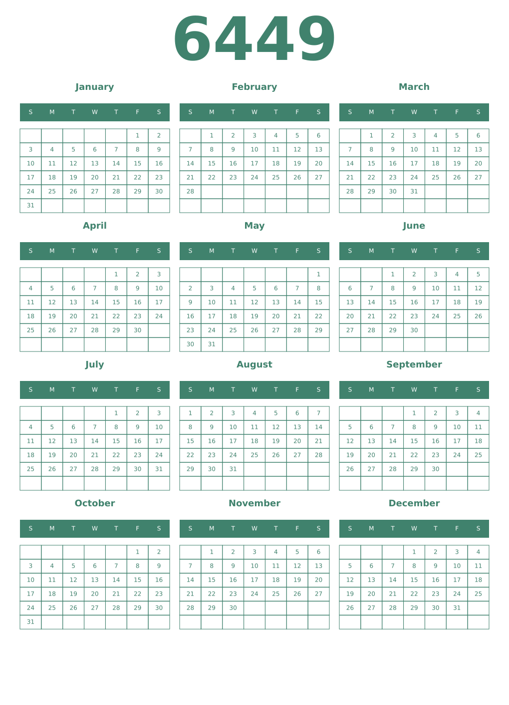 Printable 6449 Year Calendars viridian