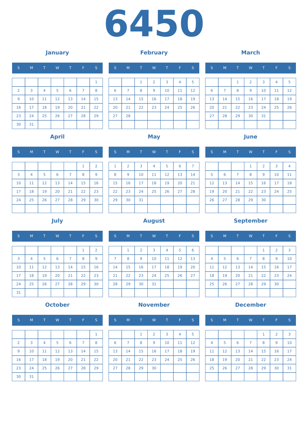 Printable 6450 Year Calendars blue