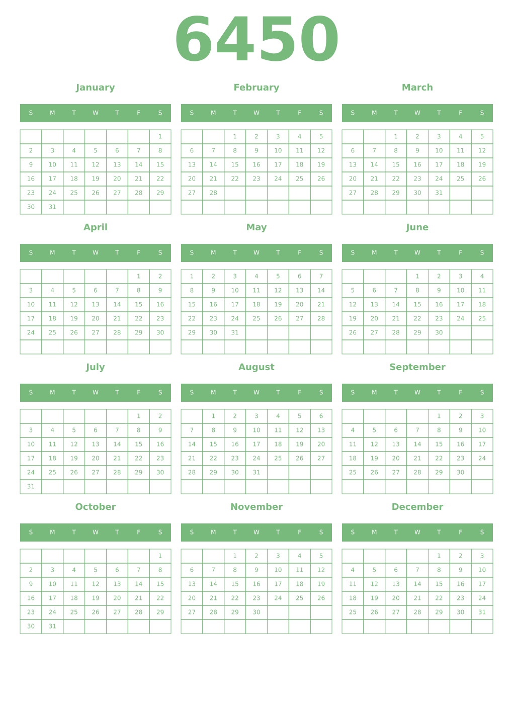 Printable 6450 Year Calendars celadon