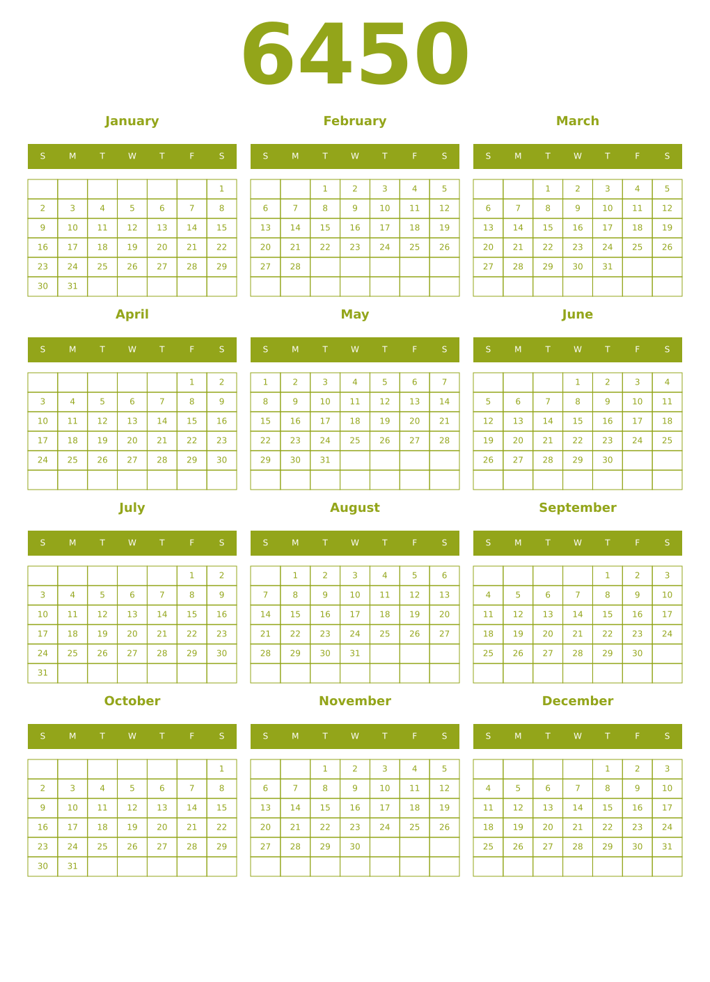 Printable 6450 Year Calendars chartreuse