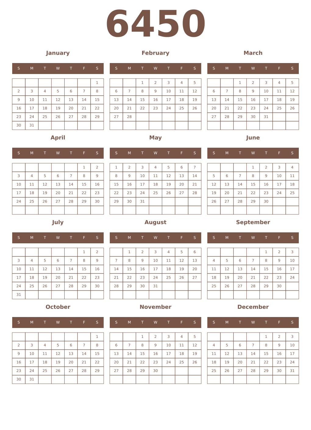 Printable 6450 Year Calendars coffe