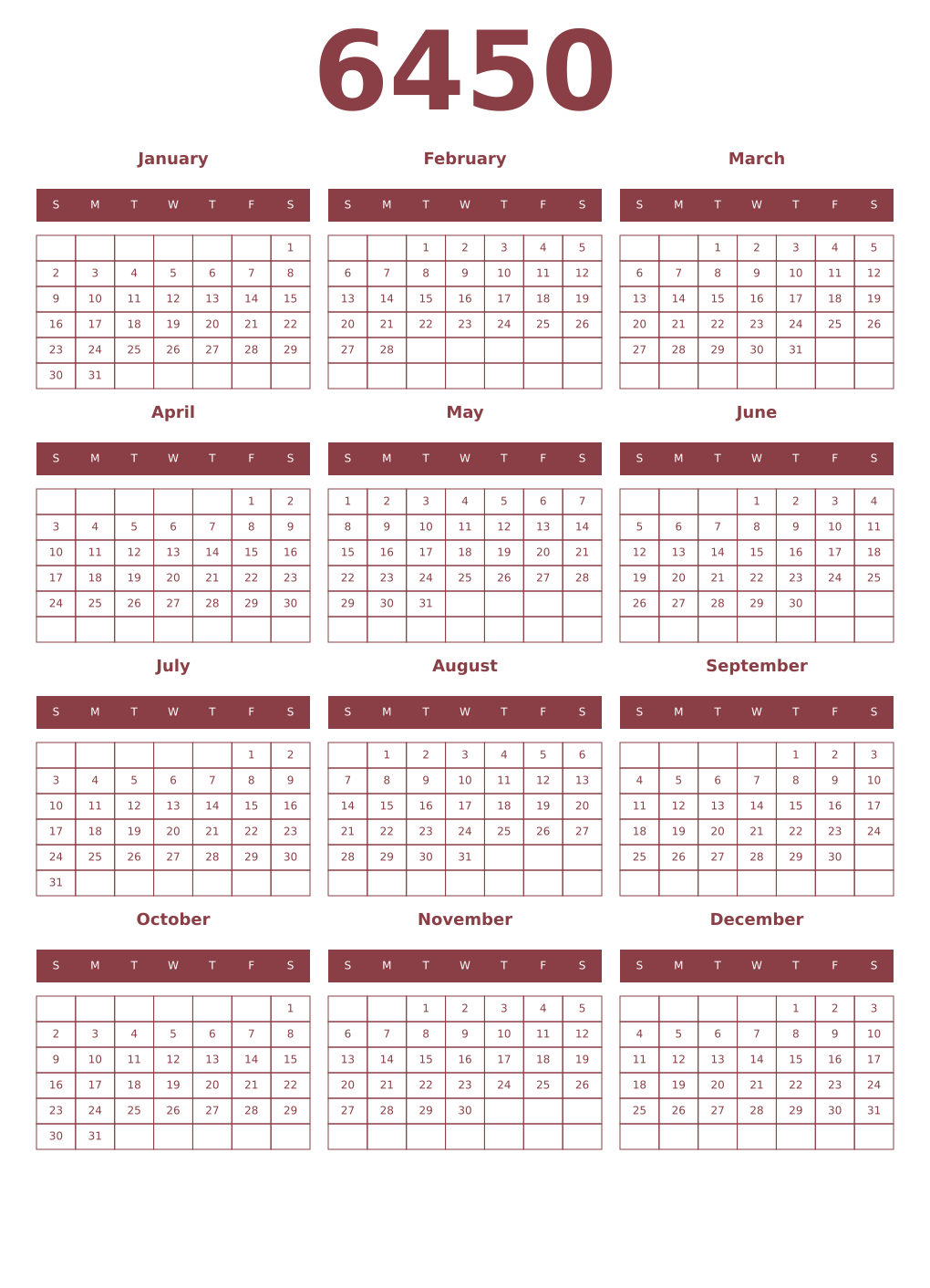 Printable 6450 Year Calendars cordovan