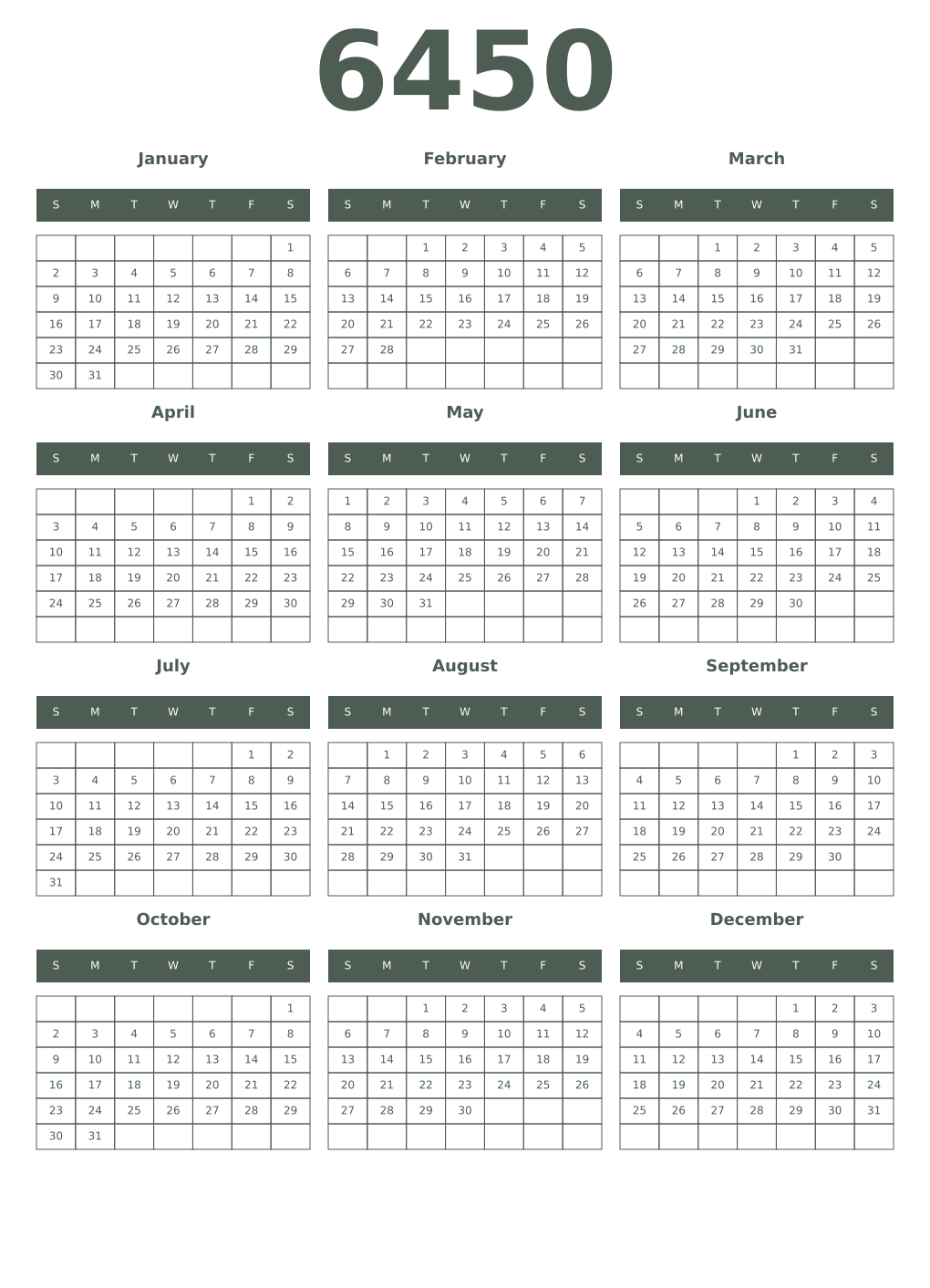 Printable 6450 Year Calendars feldgrau