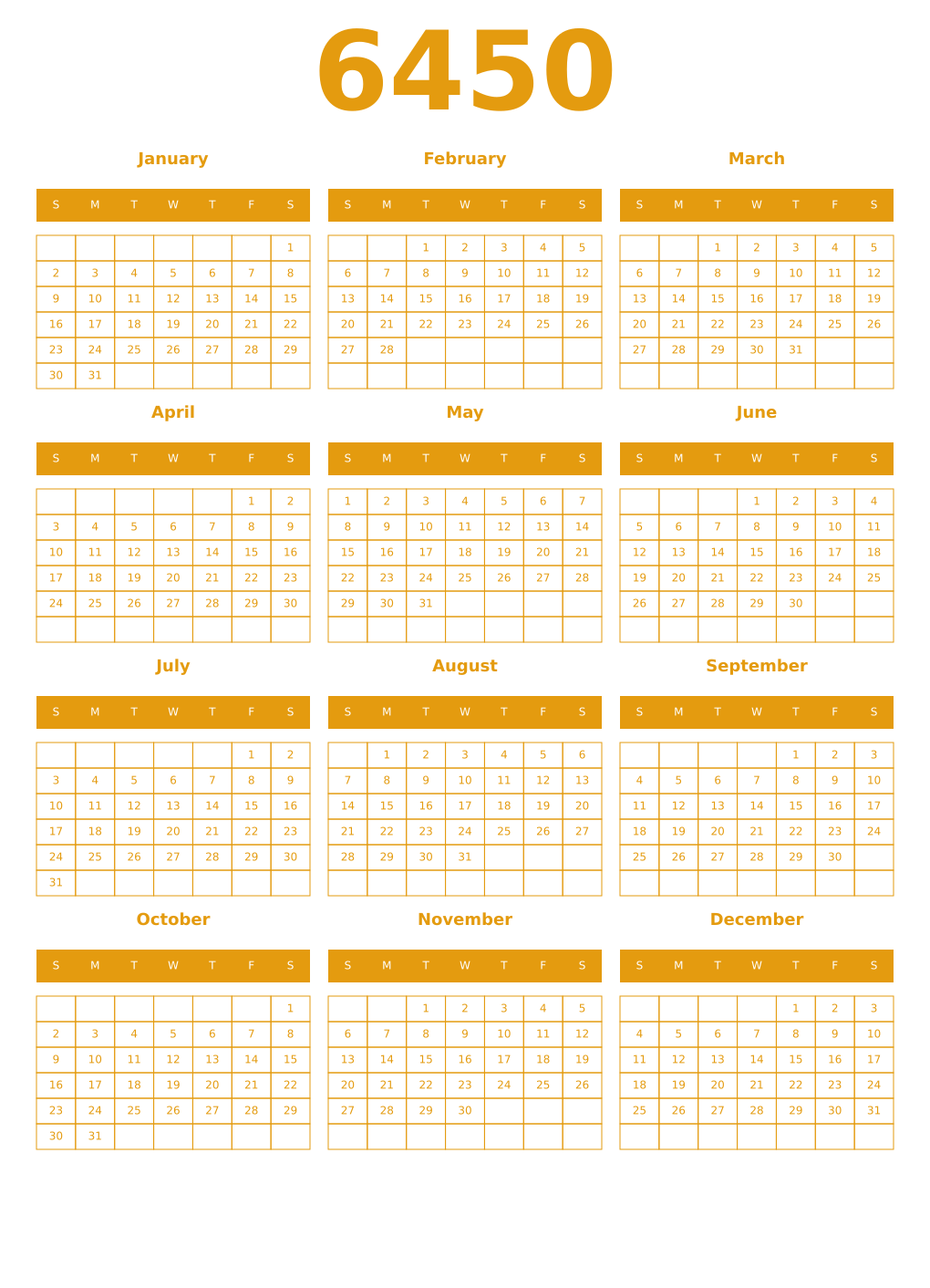 Printable 6450 Year Calendars gamboge